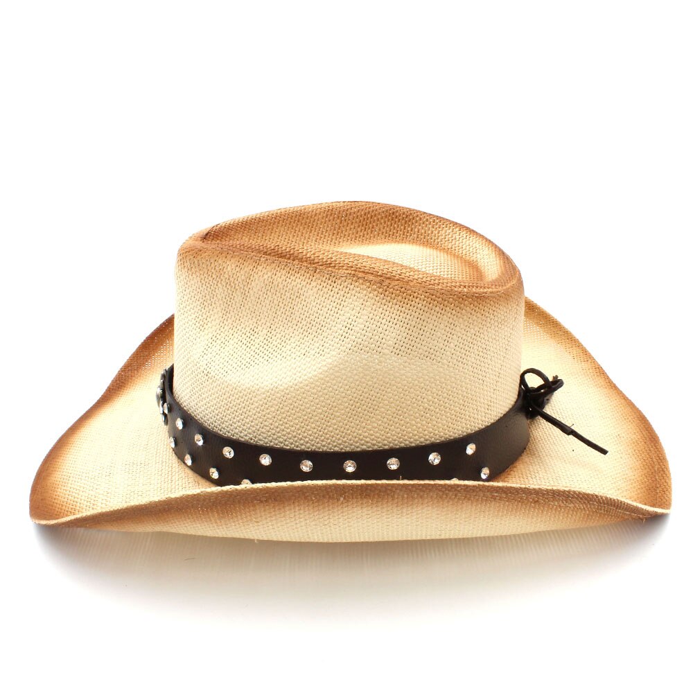 Women Men Straw Western Cowboy Hat With Punk Leather Band For Lady Dad Sombrero Hombre Cowgirl Jazz Caps Size 58CM