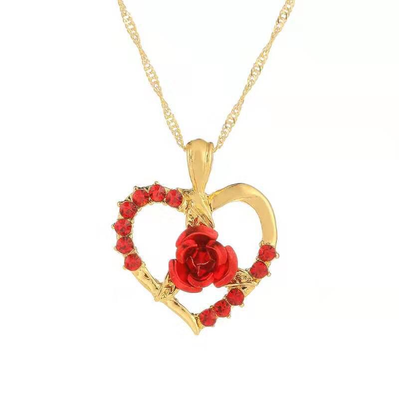 Love Heart Red Rose Pendant Necklace Women Girl Lady Gold Color Necklace Choker Jewelry For Valentine's Day