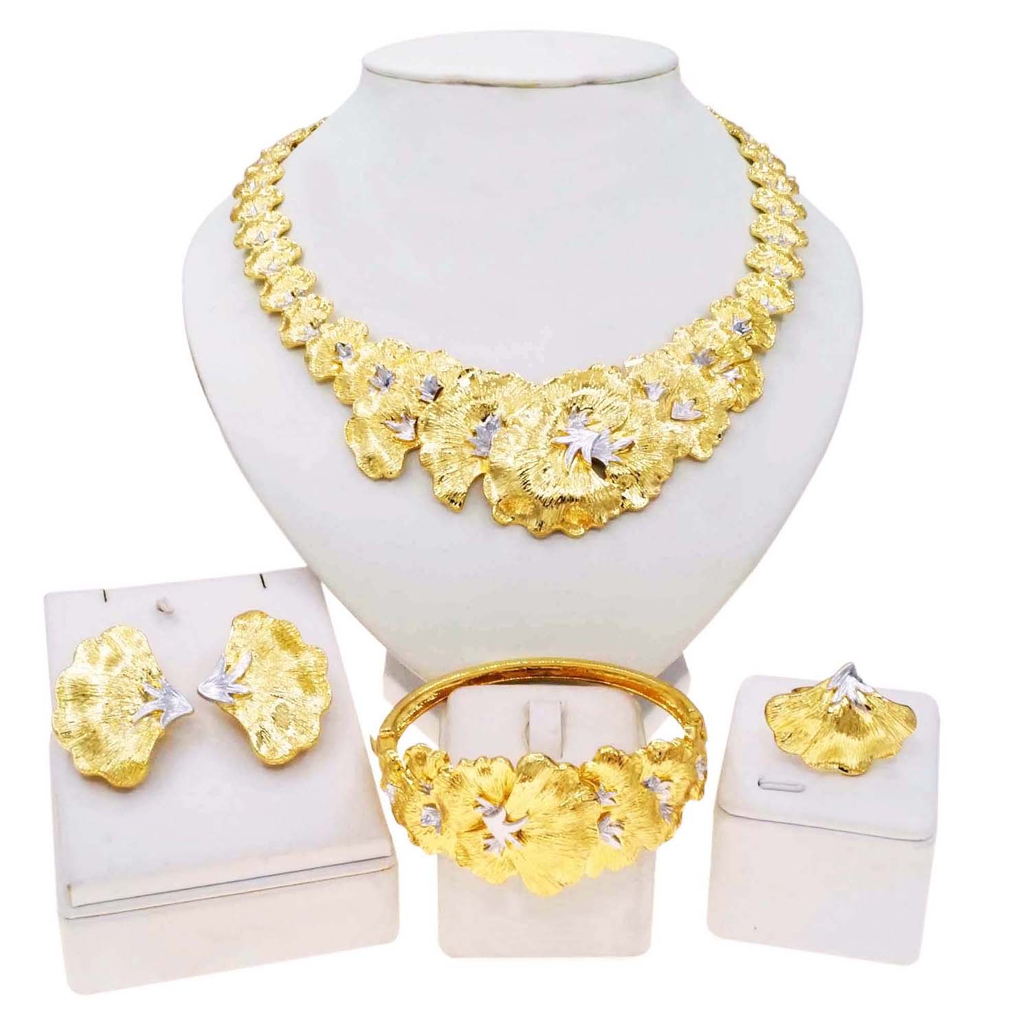 Conjunto de joyas chapadas en oro para mujer, collar de flores de lujo, pendientes elegantes, bisutería de cena y boda, SYHOL