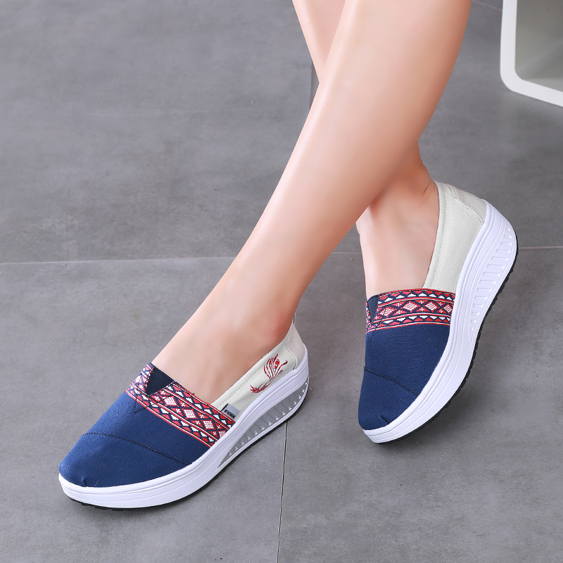 Casuam Women's Canvas Shoes Wedges Slip On Loafers Height Increasing Toning Walking Soft Sneakers Platforms