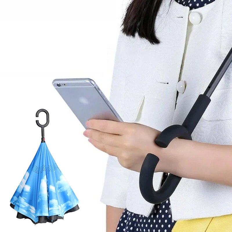 Paraguas invertido de doble capa para hombre, sombrilla de doble capa de mango largo plegable, a prueba de viento, con gancho en forma de C, para golf y coche, 2022 Ho