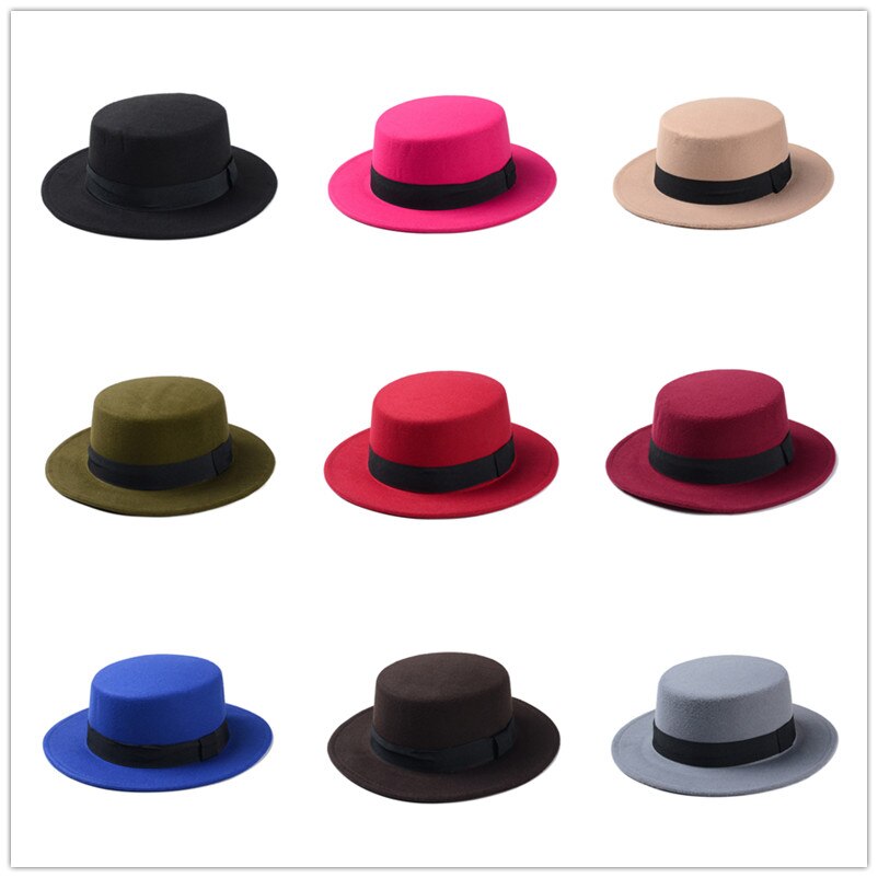 Brand Wool Boater Flat Top Hat For Women's Felt Wide Brim Fedora Hat Laday Prok Pie Chapeu de Feltro Bowler Gambler Top Hat