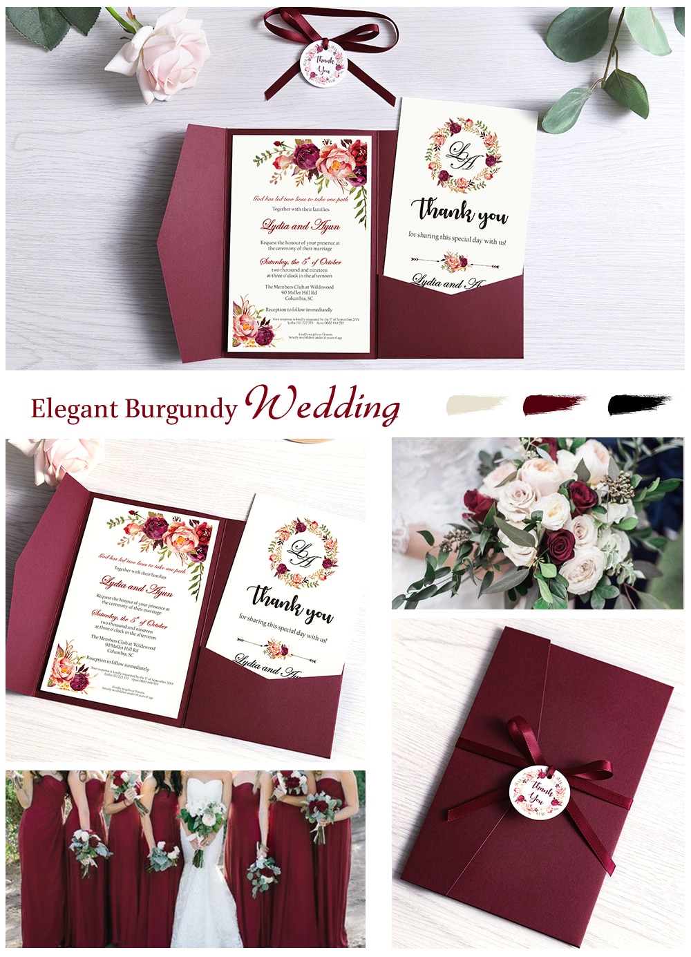 1pc Wedding Invitation Navy Blue Pocket Burgundy Greeting Card with Envelope Party With Ribbon and Tag