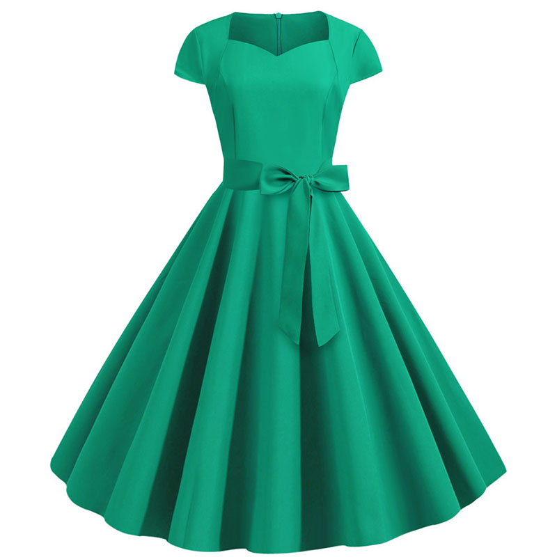 Summer Women's Dress Short Sleeve Solid Vintage Retro Big Swing Office Party Midi Sundress