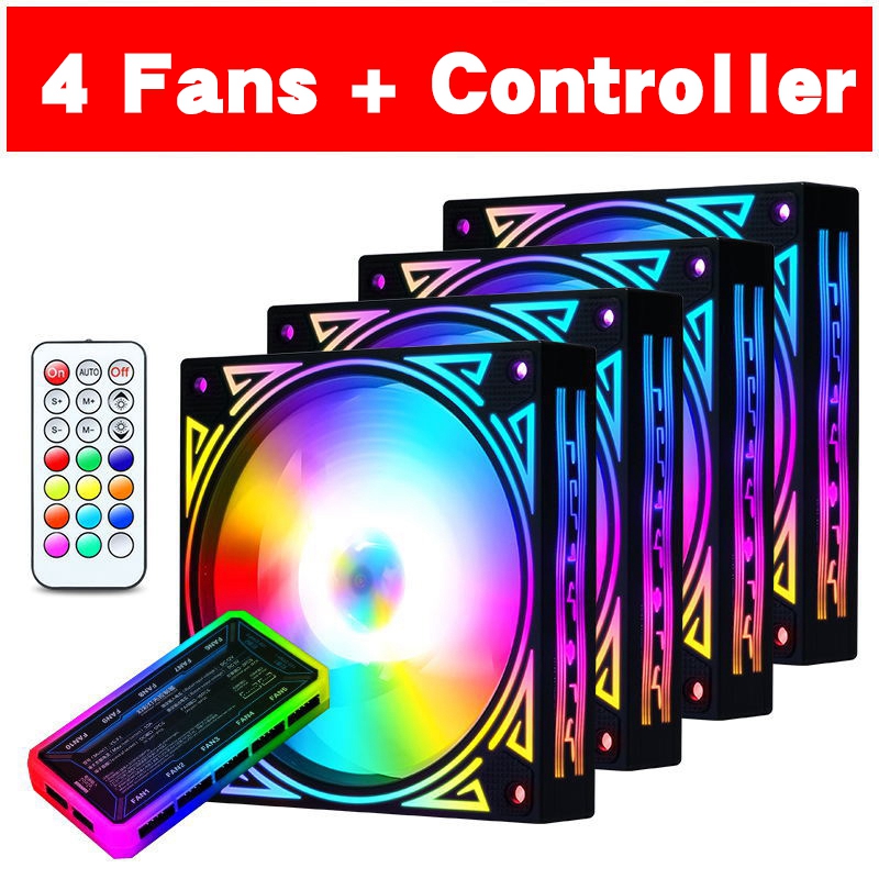 Cooling RGB Fan 120mm with Remote Control Controller Adjustable Speed Adjust LED 12CM PC Case Fans for Computer Components: 4 fan and controller
