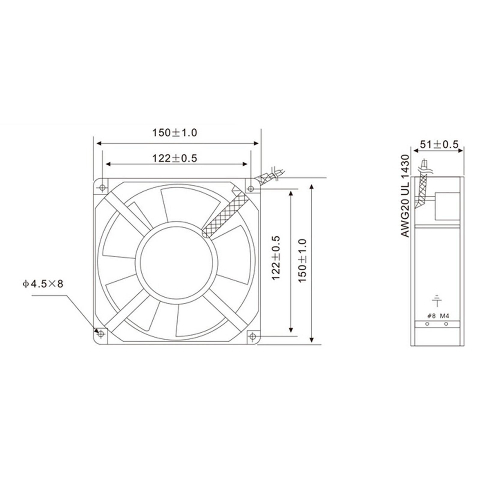 220V AC 150x150x51mm Axial Radiator Fan 180CFM 2500RPM Ball Bearing High Speed