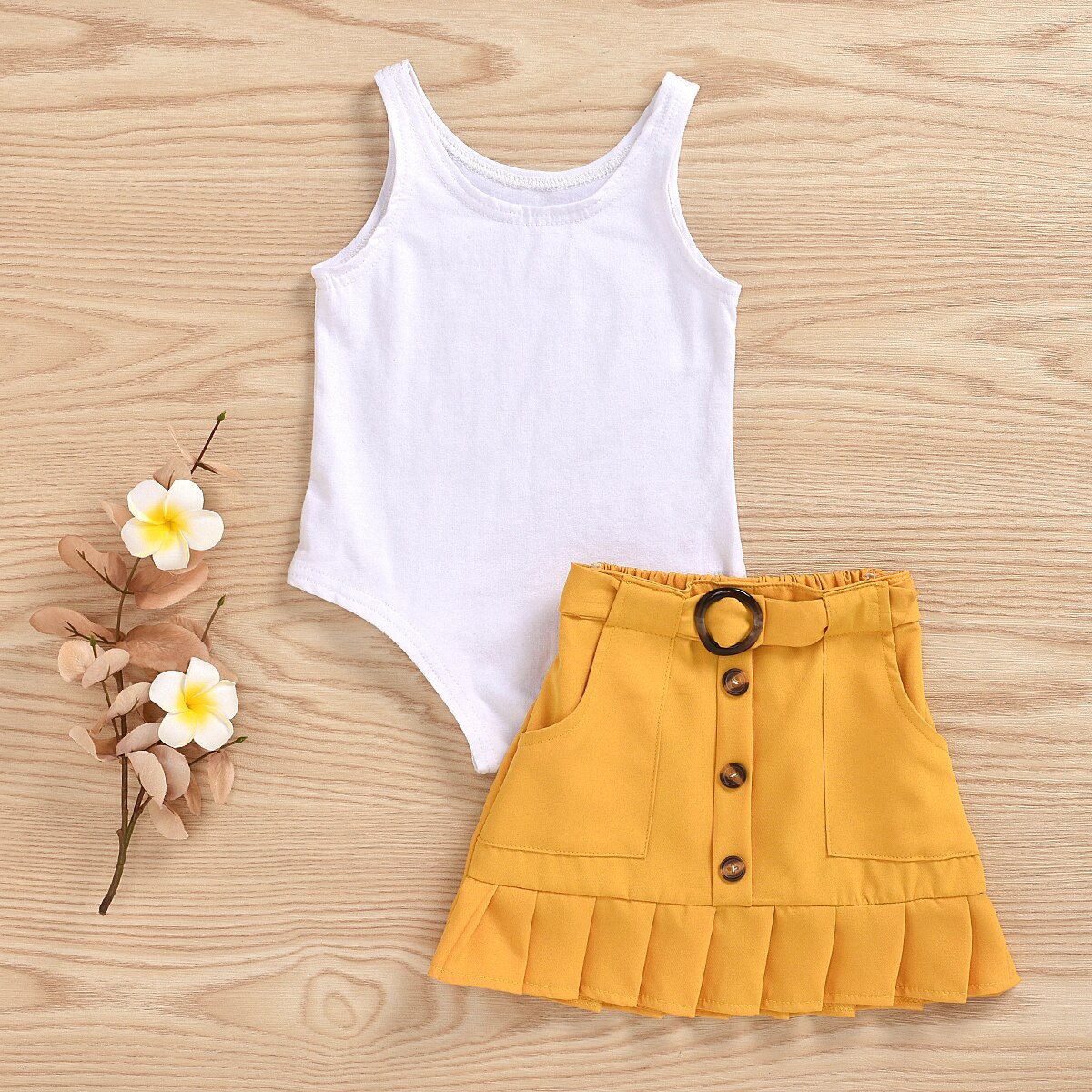 2 stk småbørn børn baby pige tøj sæt ærmeløs solid vest romper gul plisseret nederdel sommer outfit sæt