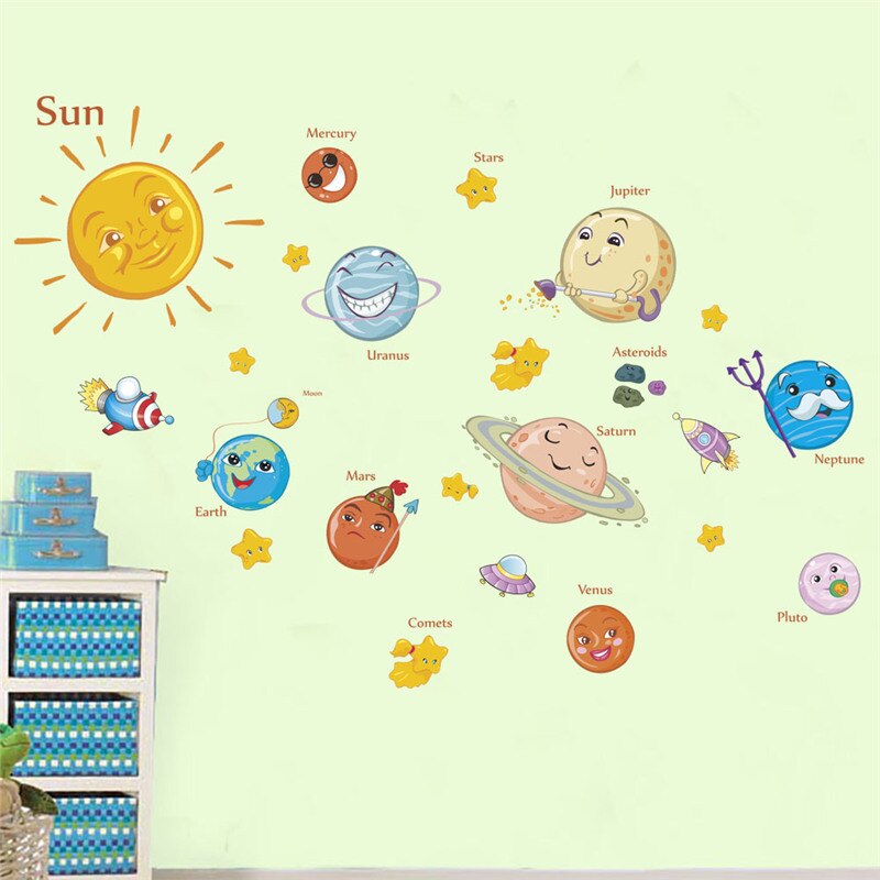 Cartoon Solar System Planets Spaceship Wall Stickers For Kids Room Bedroom Decoration Boys Nursery Mural Art Diy Pvc Home Decals