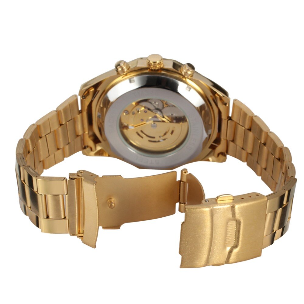 Full Golden Steampunk Men Skeleton Mechanical Automatic Casual Wrist Watches for Men