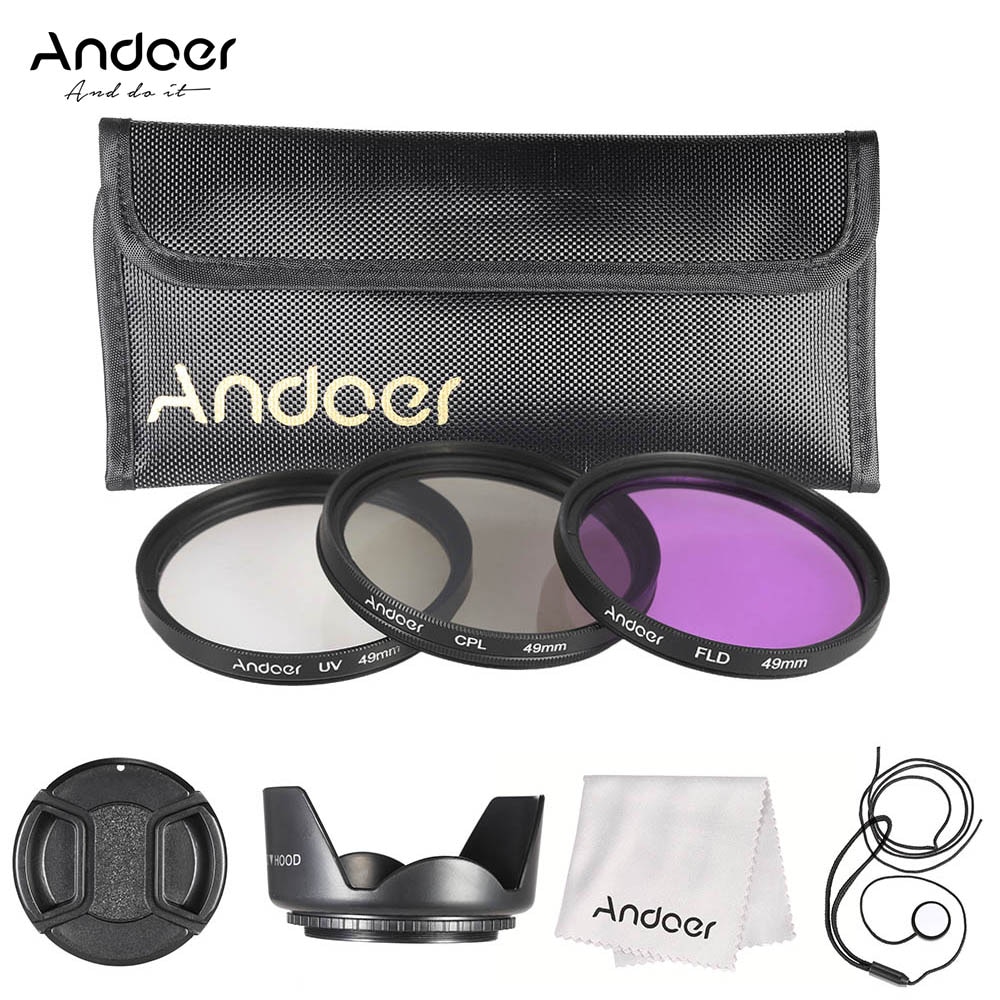 Andoer 49mm Filter Kit (UV + CPL + FLD) + Nylon Carry Pouch + Lensdop + Lensdop + Zonnekap + Lens Schoonmaakdoekje