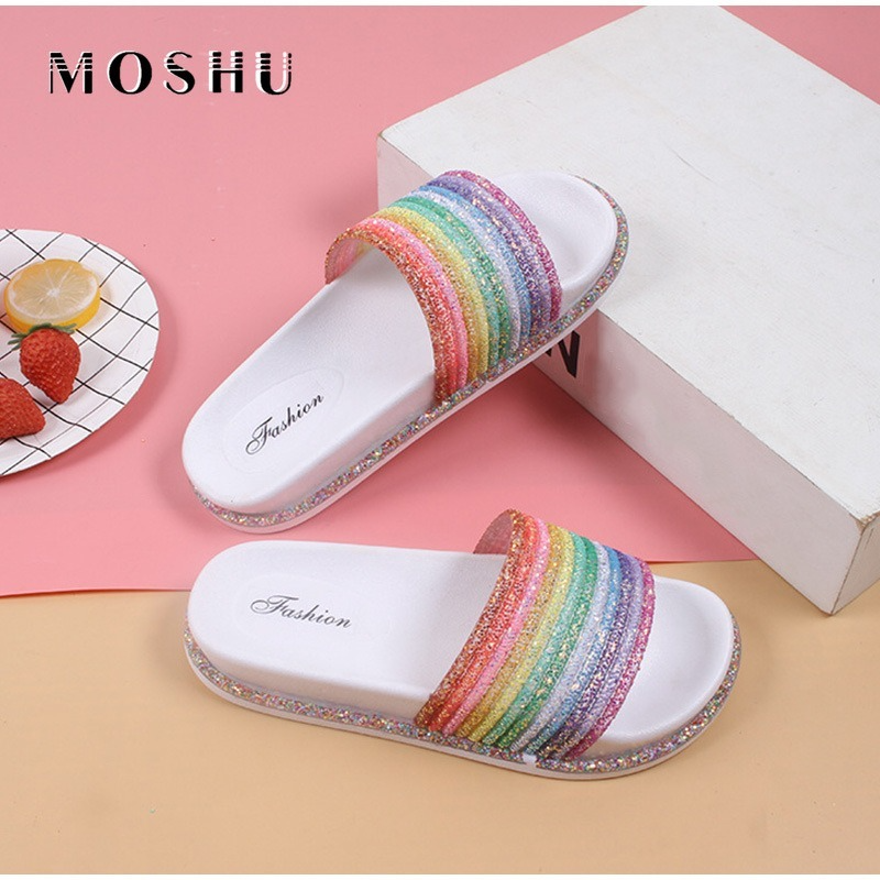Regenboog Platte Slippers Vrouwen Bling Kleurrijke Zomer Schoenen Antislip Zachte Outdoor Strand Meisjes Slides Thuis Schoenen Dames Sandaal