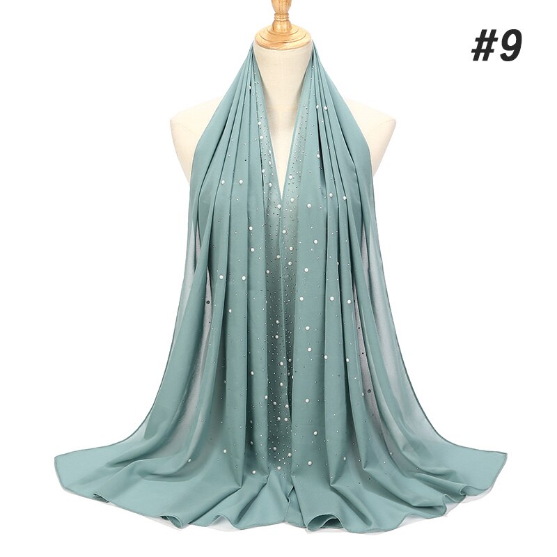 1 Pc Vrouwen Bellen Chiffon Sjaal Met Diamant Studs Parels Sjaal Vlakte Hijab Sjaals Wraps Effen Kleur Moslim hijab Sjaal: color09