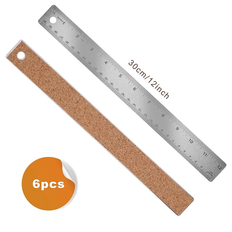 6Pcs12 Inch Stainless Steel Ruler,Cork Backing Stainless Steel Rulers Metric Ruler For School Office Drawing Engineering
