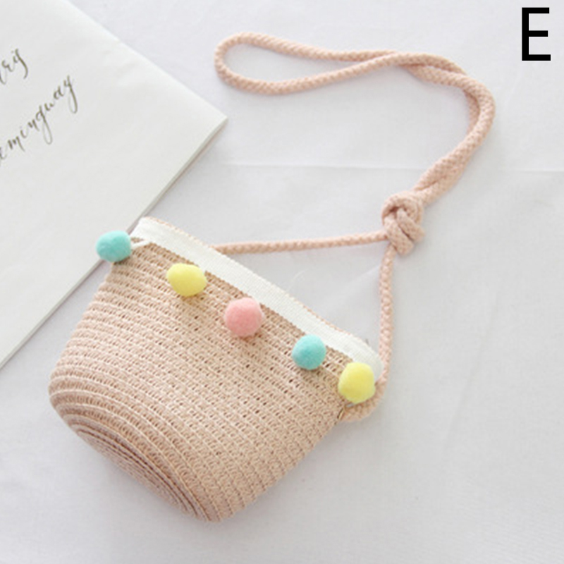 Summer Child Beach Sun Hats Children Girls Straw Bucket Hats Wide Brim Pompom Travel Beach Hats Accessories: E