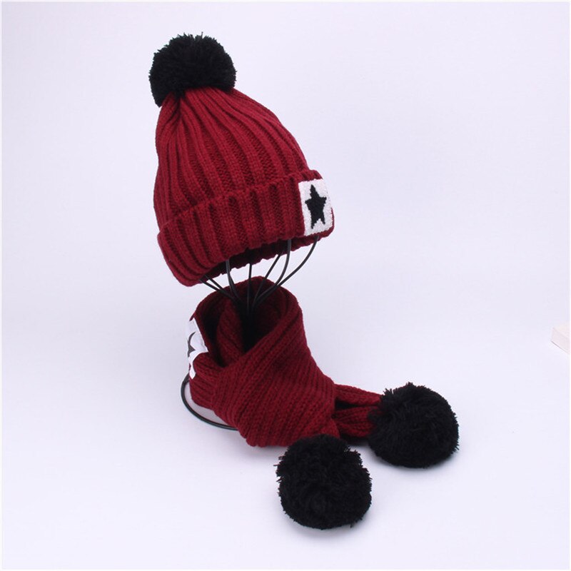 Winter warme kinderset met muts en sjaal voor kinderen, gebreide fluwelen muts, sjaal, babymeisje, jongen, effen pompon, muts, sjaal: Bordeauxrood