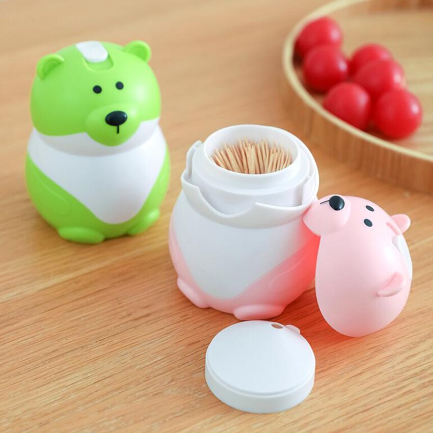 Automatic Push-type Toothpick Holder Cute Cartoon Bear Plastic Toothpick Dispenser with Slide Cover, Holds About 300 Toothpicks