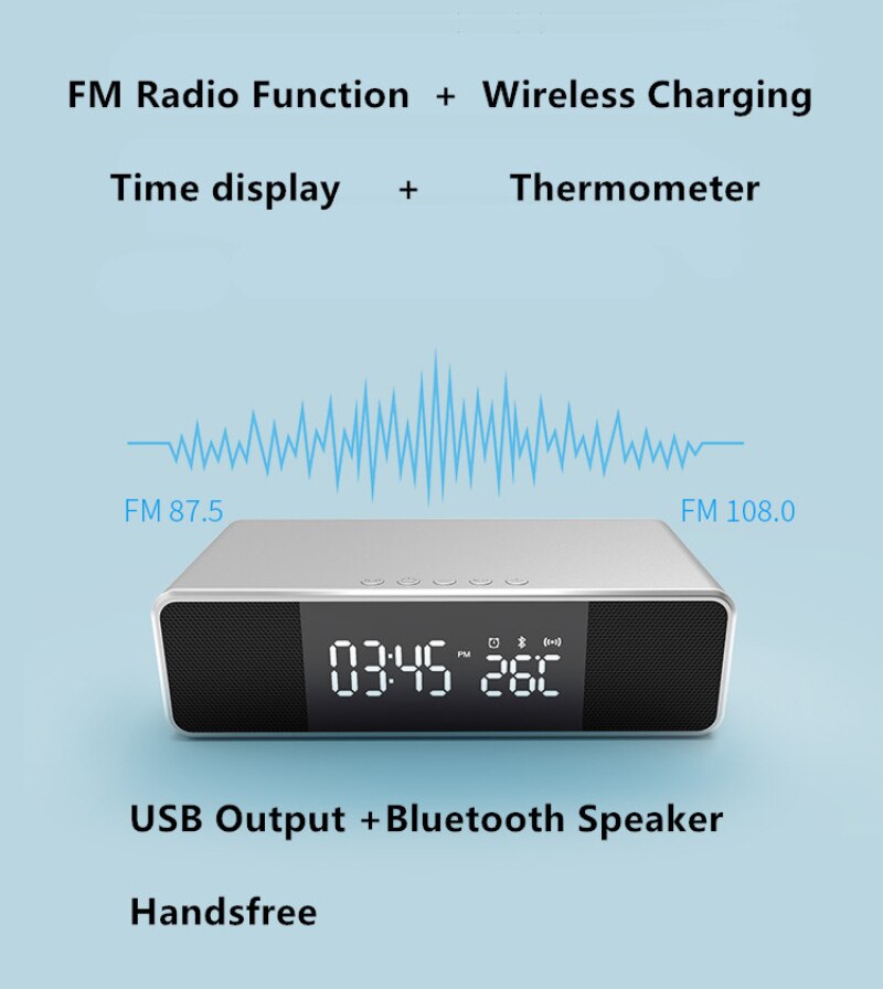 LED Electronic Alarm Clock Temperature Time Display With Wireless Mobile Phone Charging FM Radio Bluetooth Speaker Alarm Clocks