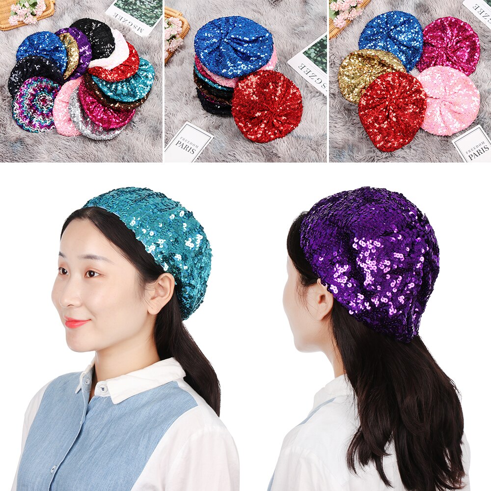 Kvinder pailletter hat skinnende kostume jazz glitter dans baret rund kasket dame tilbehør hue baret hat britisk stil