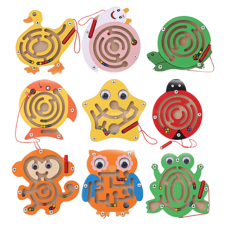 Kids Magnetic Maze Toy Wooden Puzzle Game Children Early Educational Brain Teaser Animal Cartoon Toy Intellectual Jigsaw Board