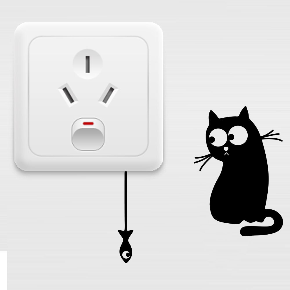 Funny Hungry Cat See The Fish Switch Phone Wall Stickers For Kids Rooms Diy Home Decoration Cartoon Animals Wall Decals#0616