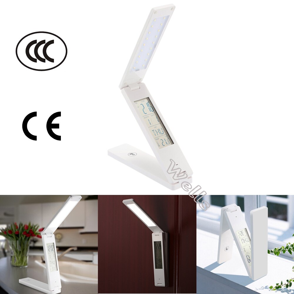 Opvouwbare LED bureaulamp Oplaadbare Leeslamp Touch Control Kalender Wekker Temperatuur Dimbare Tafellamp studie lamp