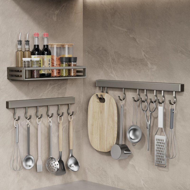 Ganchos de aluminio montados en la pared para cocina, espacio libre de perforaciones, soporte de almacenamiento para utensilios de cocina, perchas para bata, toalla y abrigo, 20/30/40cm