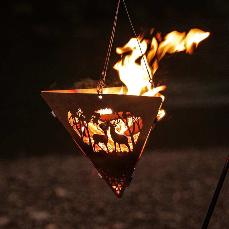 1 Set Triangle Hanging Furnace Bonfire Campfire Pit Camping Wood Stove Stand Frame Fire Rack Stainless Steel Mesh Fire Pit 24BD