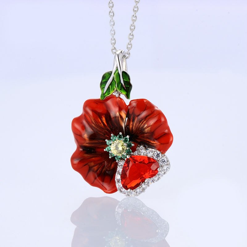 Women Bohemia Red Flower Enamel Jewelry Set Heart Shape Romantic Silver Pendant Necklace Ring Earrings Sets Wedding Jewelry