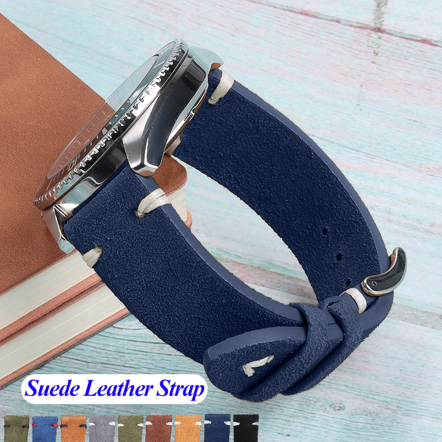 Suède stiksels lederen horlogeband 18mm 20mm 22mm Quick Release Vintage armband blauw bruin horlogeband vervanging