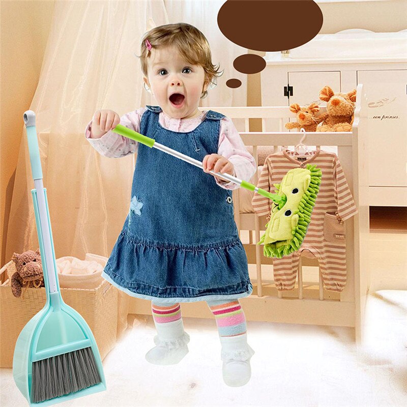 Bambini Scopa Paletta Set Mop Mini Scopa per La Pulizia Angolo Del Bambino Casa Spazzare Giocattolo Combinazione di Verde Vestito Scopa Mop Rosa