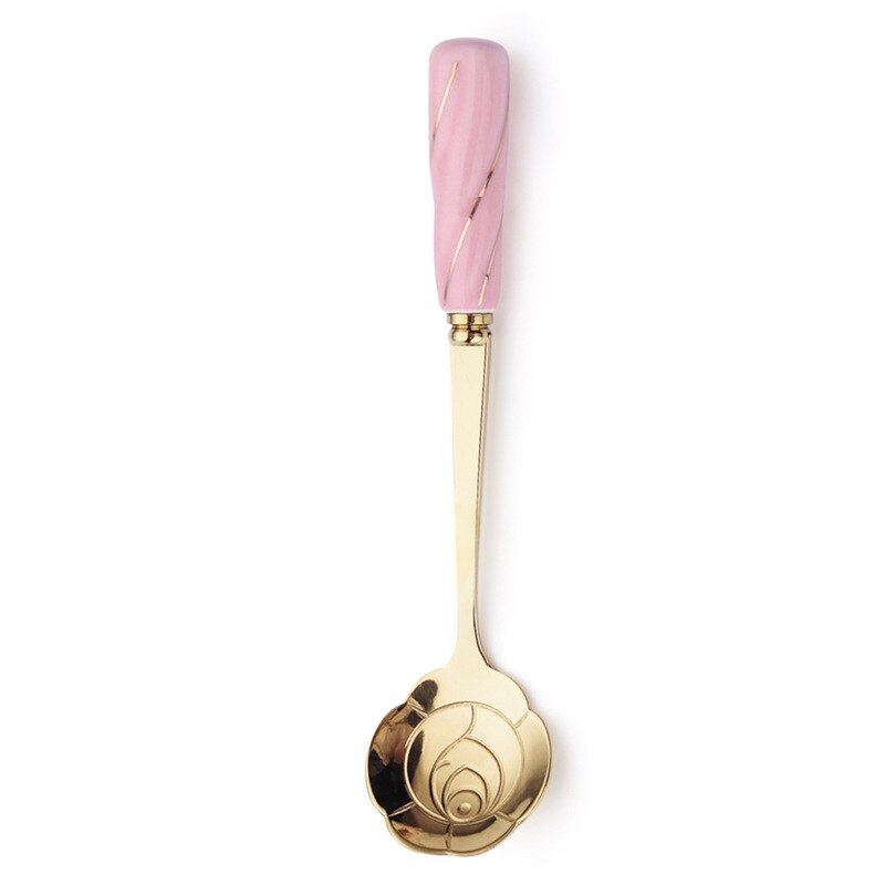Stainless steel ladle face ceramic handle ladle stirring ladle coffee dessert ladle flower: Pink Rose 11.5cm
