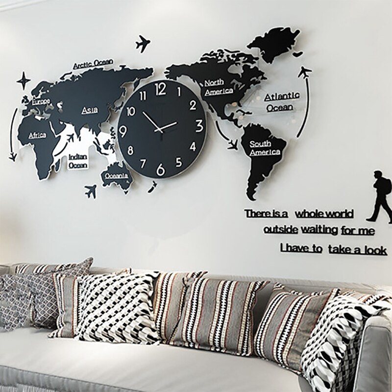 3D World Map Wall Clock Digital Modern Hanging Clock Quiet Acrylic Home Office