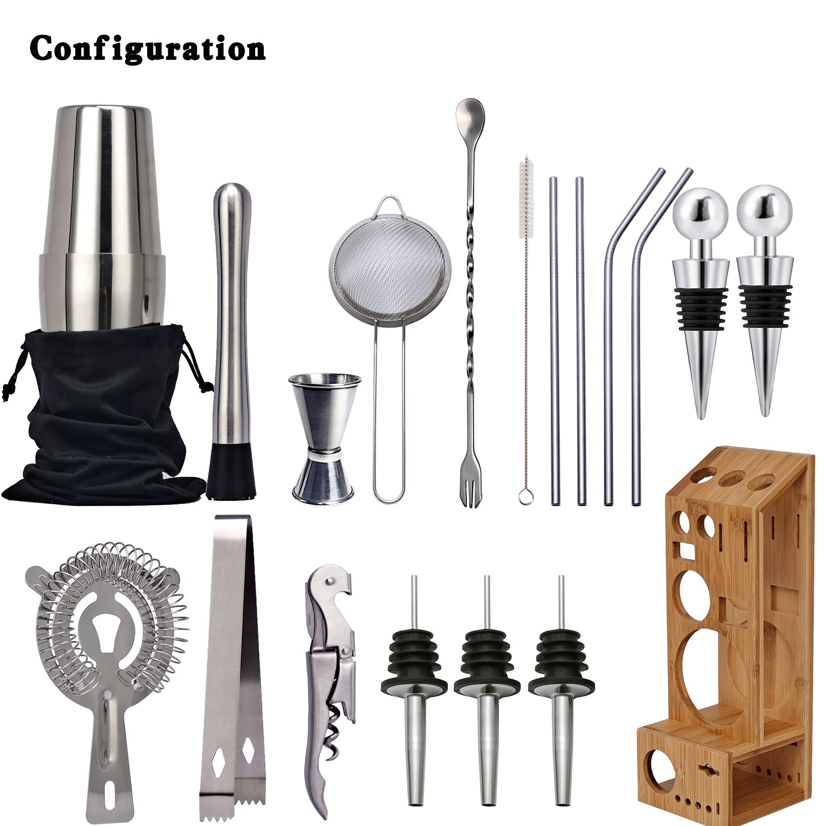 20 piece Cocktail Shaker Set Bartender Kit Stainless Steel Bamboo Weaving Bar Tool Experience for Drink Mixing Cocktail Accessor