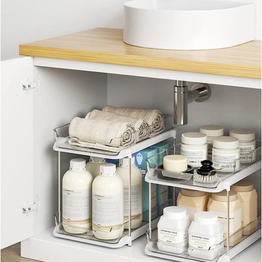 Double Layered Storage Rack Under Kitchen Sink Space Saving Bathroom Multi-layer Sliding Storage Shelf MultiFunctional Shelves