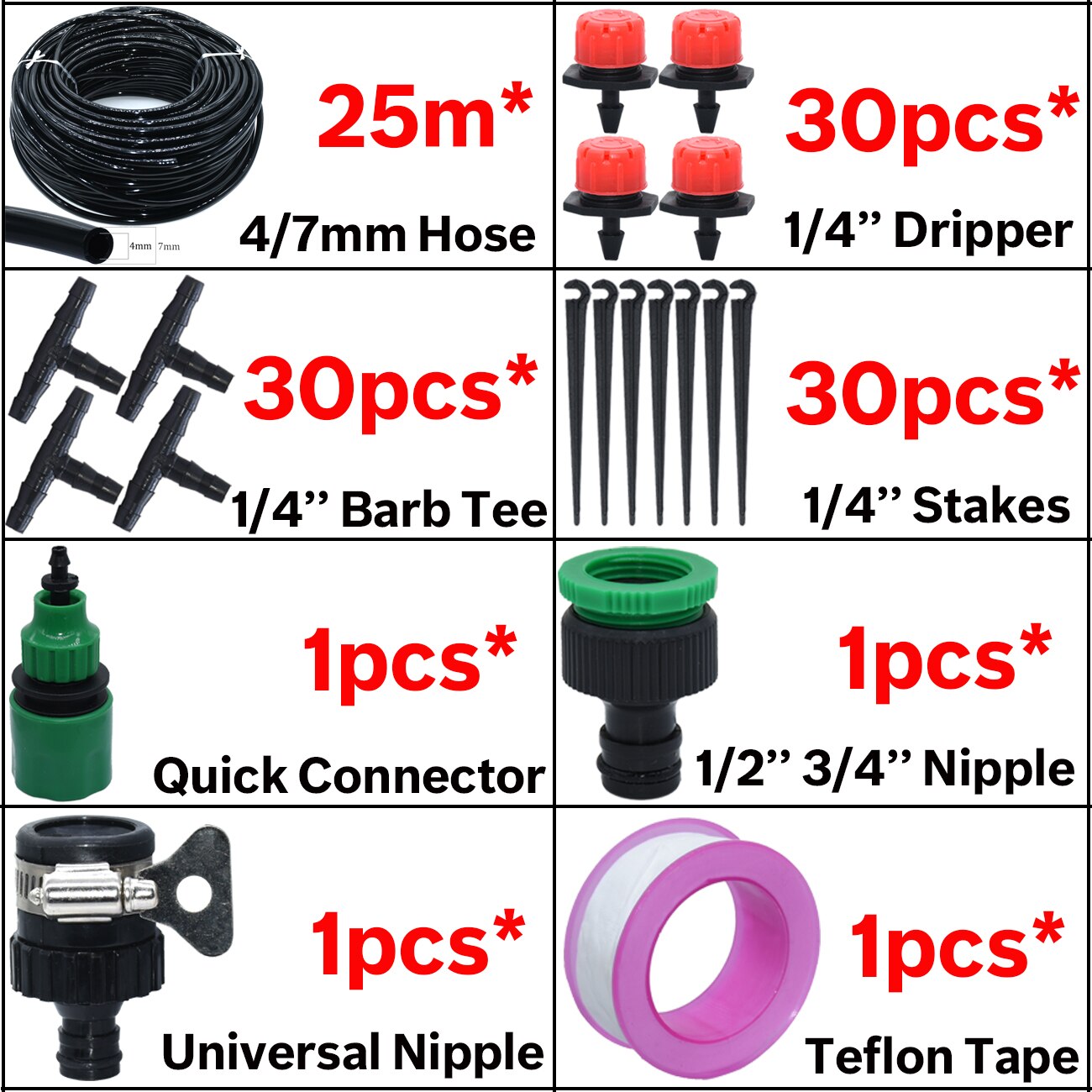25M DIY Drip Irrigation System Automatic Watering Irrigation System Kit Garden Hose Micro Drip Watering Kits Adjustable Dripper: KSL01B-001-25M