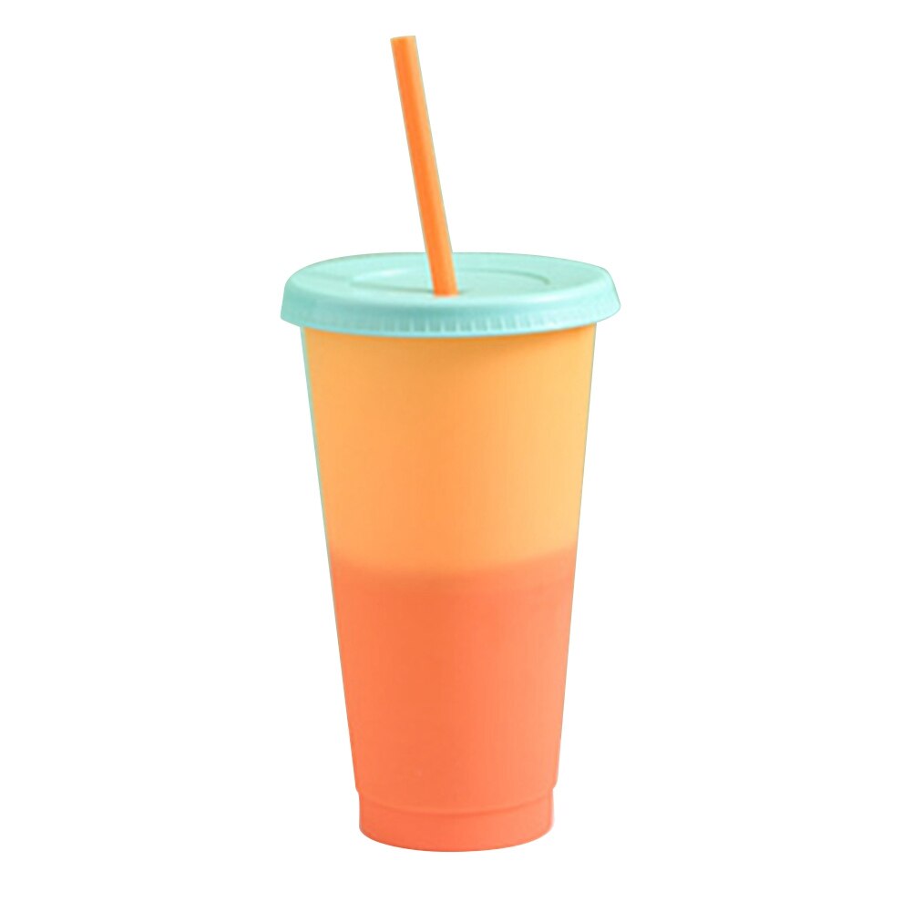Farveændrende kolde drikke kopper genanvendelig temperaturfølsom plast farverig kaffe med låg og sugerør: Orange