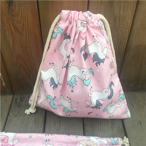 YILE 1pc Baumwolle Köper Kordel tasche Organizer Party Tasche Druck Einhorn Rosa Basis YL9415c: M 25x20cm