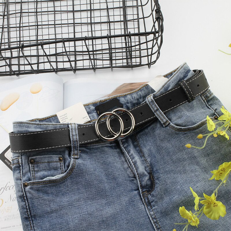 Women Gold Black Silver Big Double Ring Circle Buckle Belt Waistband Female Ladies Wide Leather Straps Belts for Jeans