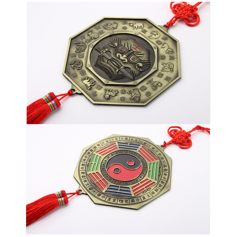 Miroir Feng Shui Foo pour la Protection de la maison, ornement Feng Shui Foo chien mordant une épée baguette avec pompon à nœud chinois pour le bureau, Protection de la famille