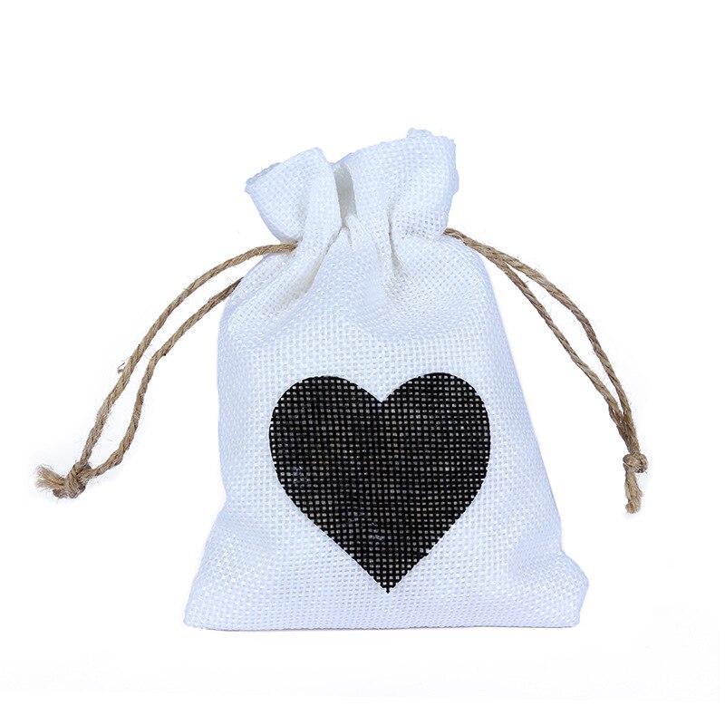 1 PC 10x14CM Hochzeit Taschen Schmuck Tasche modisch Weiß Natürliche Leinen Kordelzug Hochzeit Favor Taschen Beutel herz bilden: Stil L