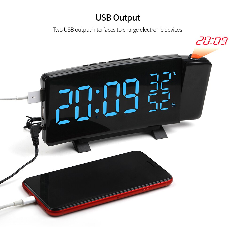 FM Radio Projection Alarm Clock With Dual Alarms Snooze Function 2 USB Charging Port Large Display Thermometer Sleep Timer Clock