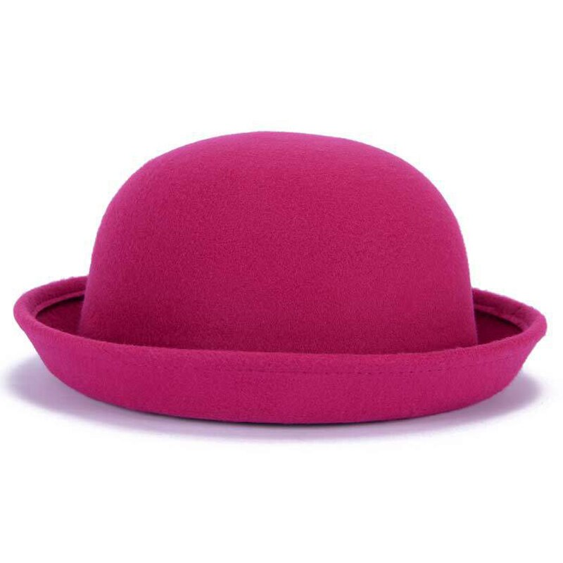 Förälder-barn bowlerhatt ullfilt fedora hattar för kvinnor flickor barn solid katt öra formell keps trilby sombrero derby: Kupol rosa röd / 54cm