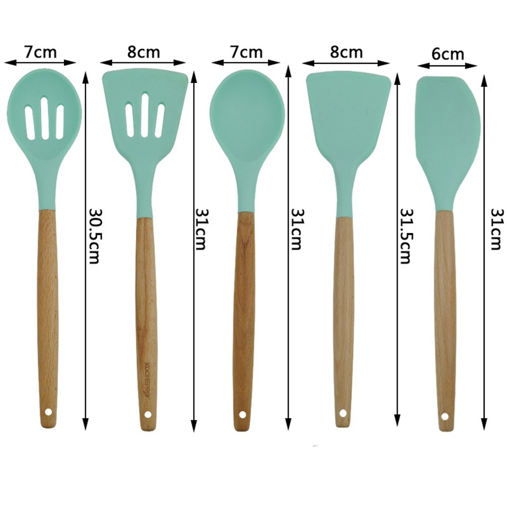 Wooden Handle Silicone Kitchenware Set for Non-stick Pan Kitchen Tool Accessories Spatula Spoon Clip Whisk Brush Ladle