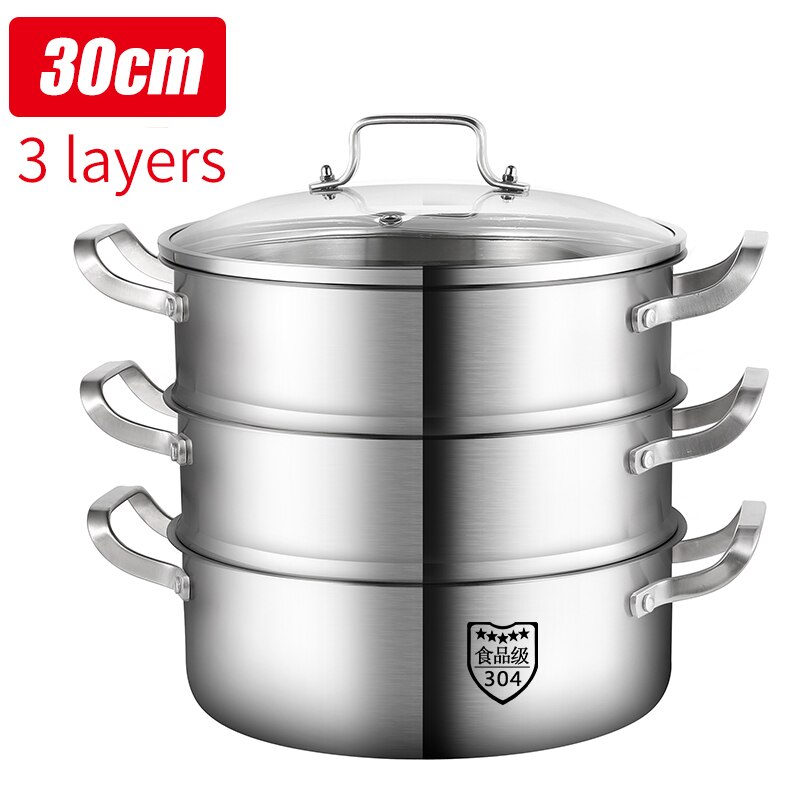House Kitchen Steam Pot Soup Pot Stainless Steel Pot Multi-function Cookware Pot Multi-layers Pot: 30cm-Three Layer