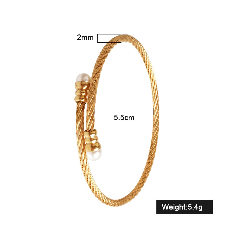 FINE4U B055 Adjustable Pearl Cuff Bracelet Bangles For Women 316L Stainless Steel Twisted Cable Bracelets: Rosegold-2mm