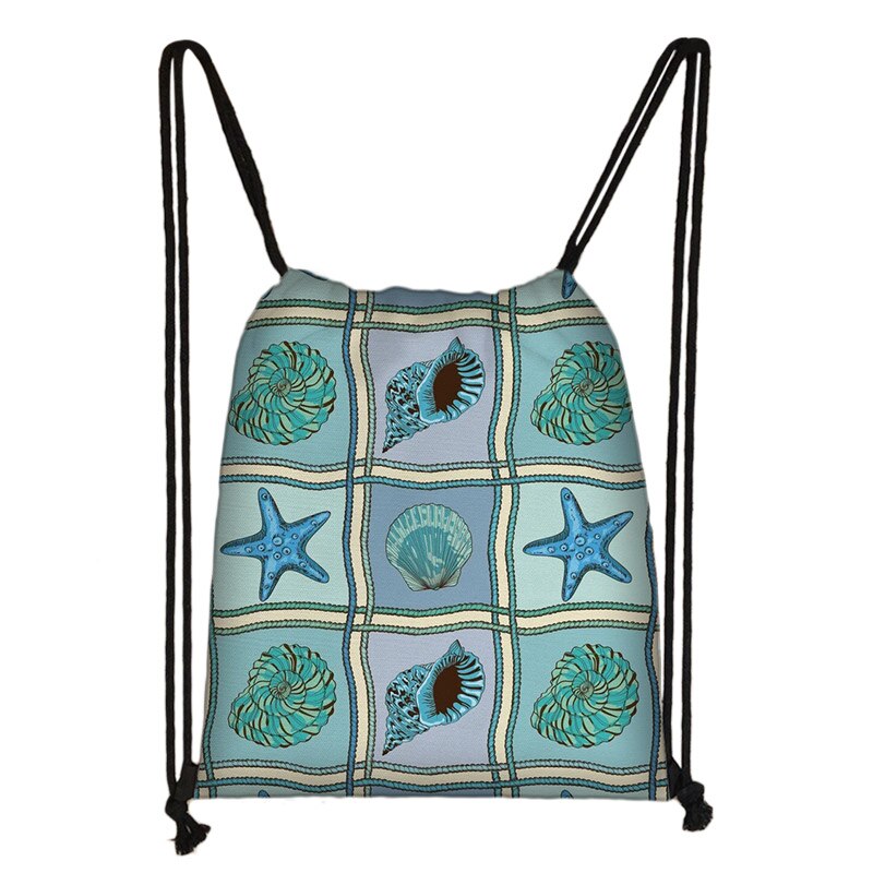 Zee Conch Tekening Afdrukken Trekkoord Tas Vrouwen Opbergtas Jongens Meisjes Casual Fish Zeester Patroon Reistassen Boekentas