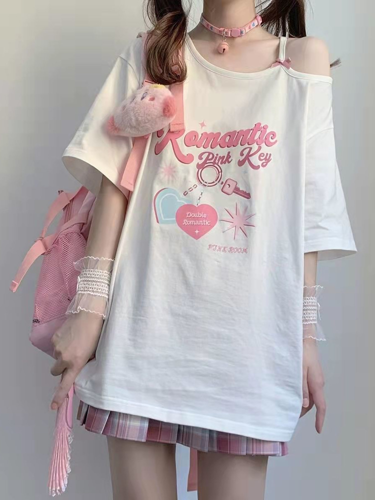 Deeptown-Camiseta Kawaii con hombros descubiertos para mujer, Tops blancos Harajuku para chica dulce, camisetas gráficas bonitas estéticas Y2k, camisa de japonesa