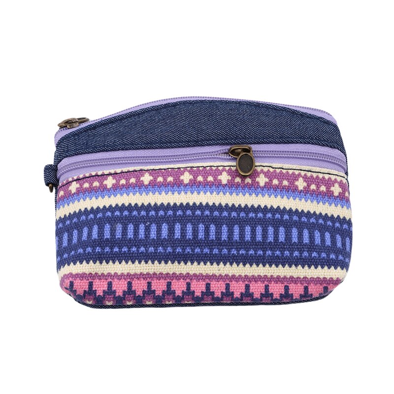 Etnisk lerret mini lommebok dame dobbel glidelås mynt vesker barn mynt lommebok for jenter nøkkel lommebøker: Lilla