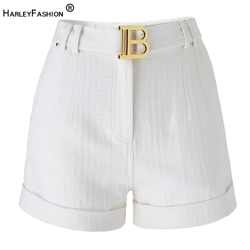 5 Colors for Option Pink Texture Washed Denim Shorts for Women with Belt Casual Style Jeans Trousers: S / WHITE