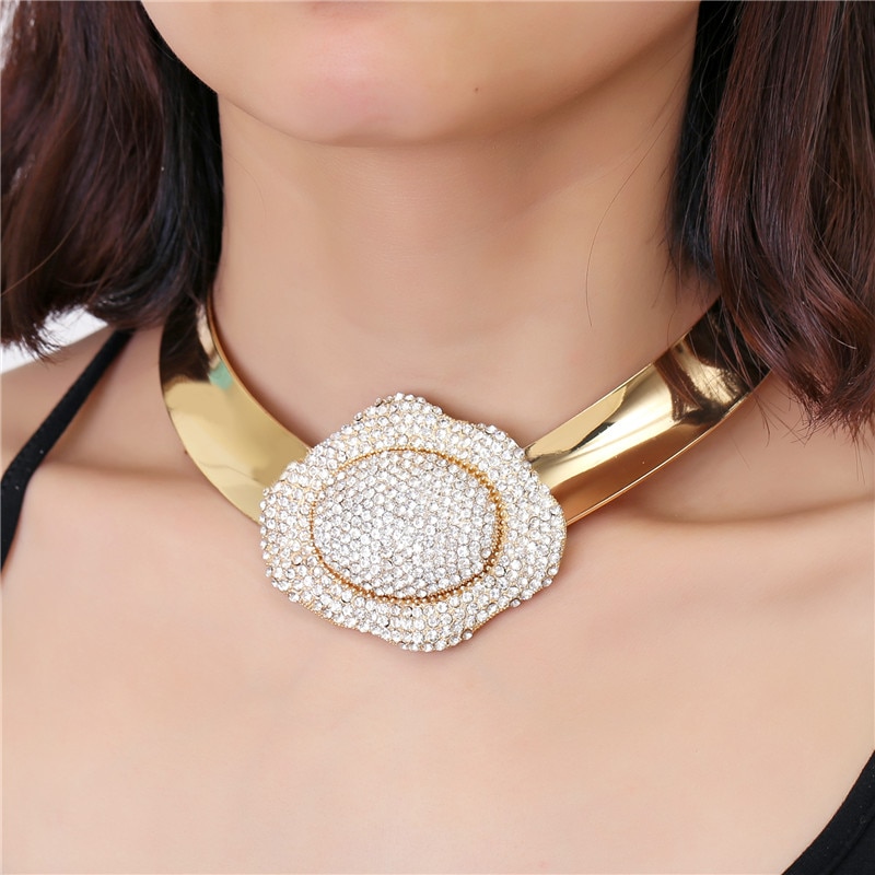 Luxe Rhinestone Inlay Bloem Chokers Ketting Vrouwen Champagne Gold Draaimomenten Kraag Grote Statement Kettingen Maxi Sieraden